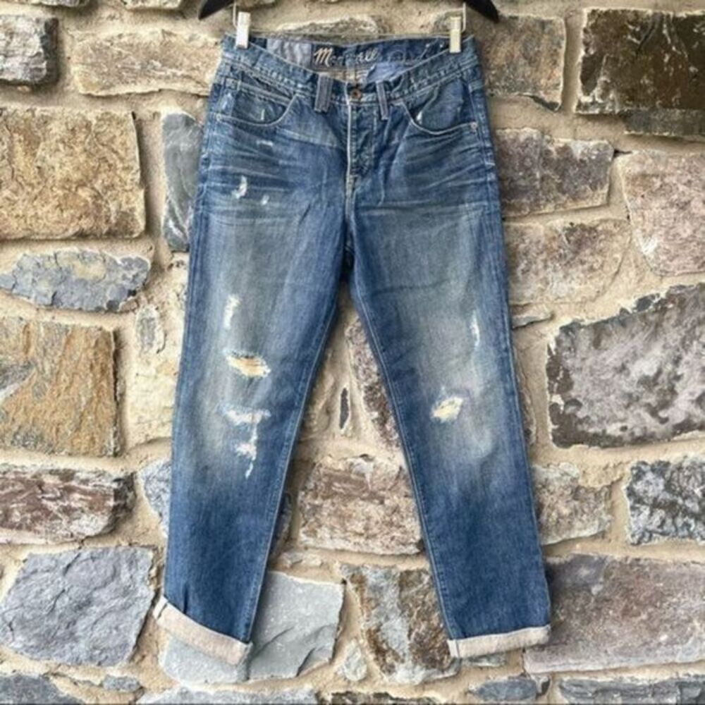 Madewell distressed scalloped dark wash jeans